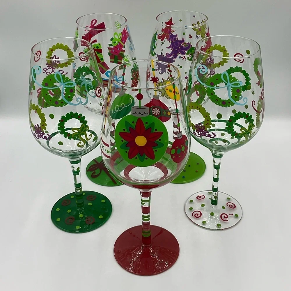 5 Raise The Bar Large 10” Hand Painted Wine Glasses with Christmas Designs